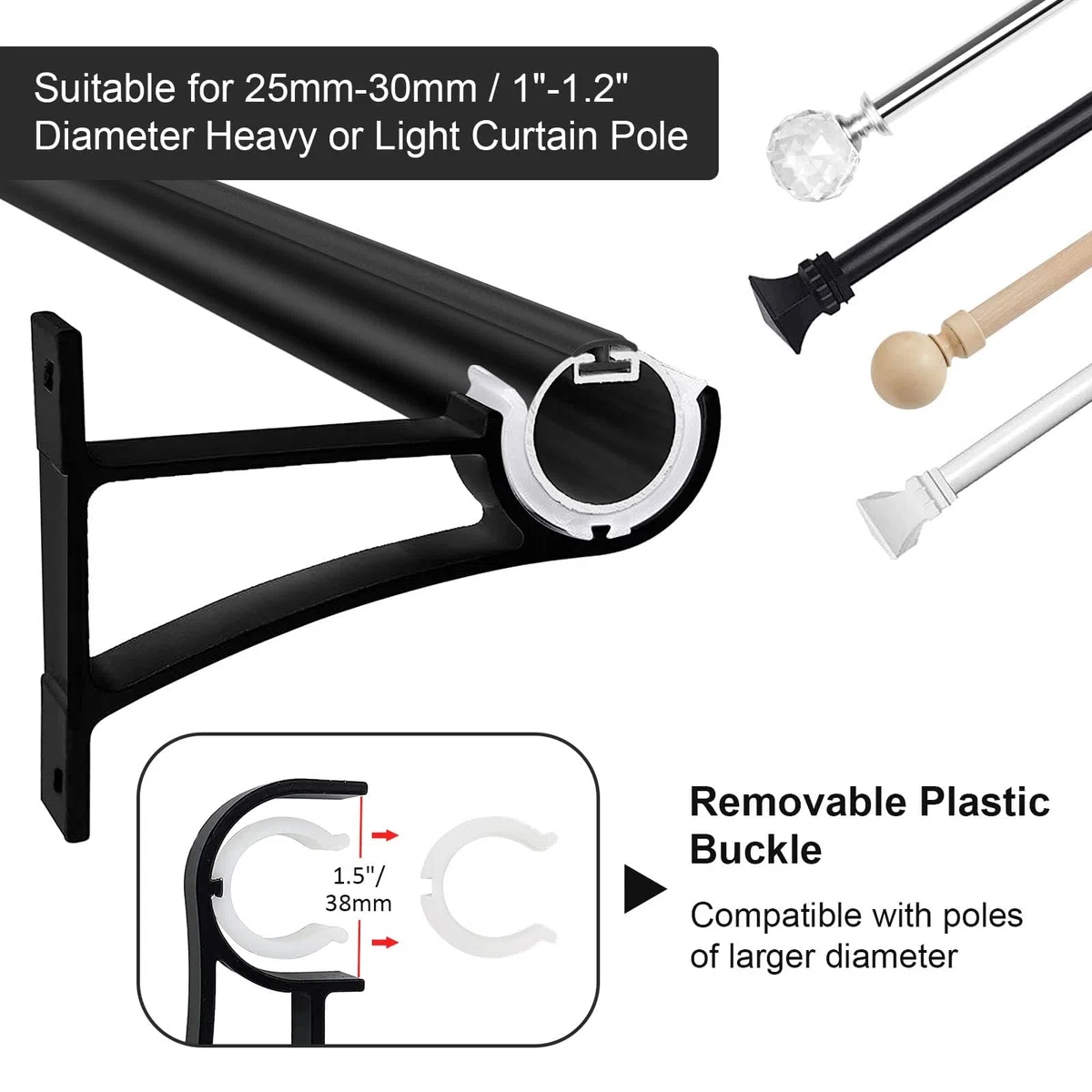Staffe per aste per tende, 2,5 cm, colore nero, resistenti, in metallo, per aste per tende da parete, supporto per aste per tende da 25-30 mm, set da 4