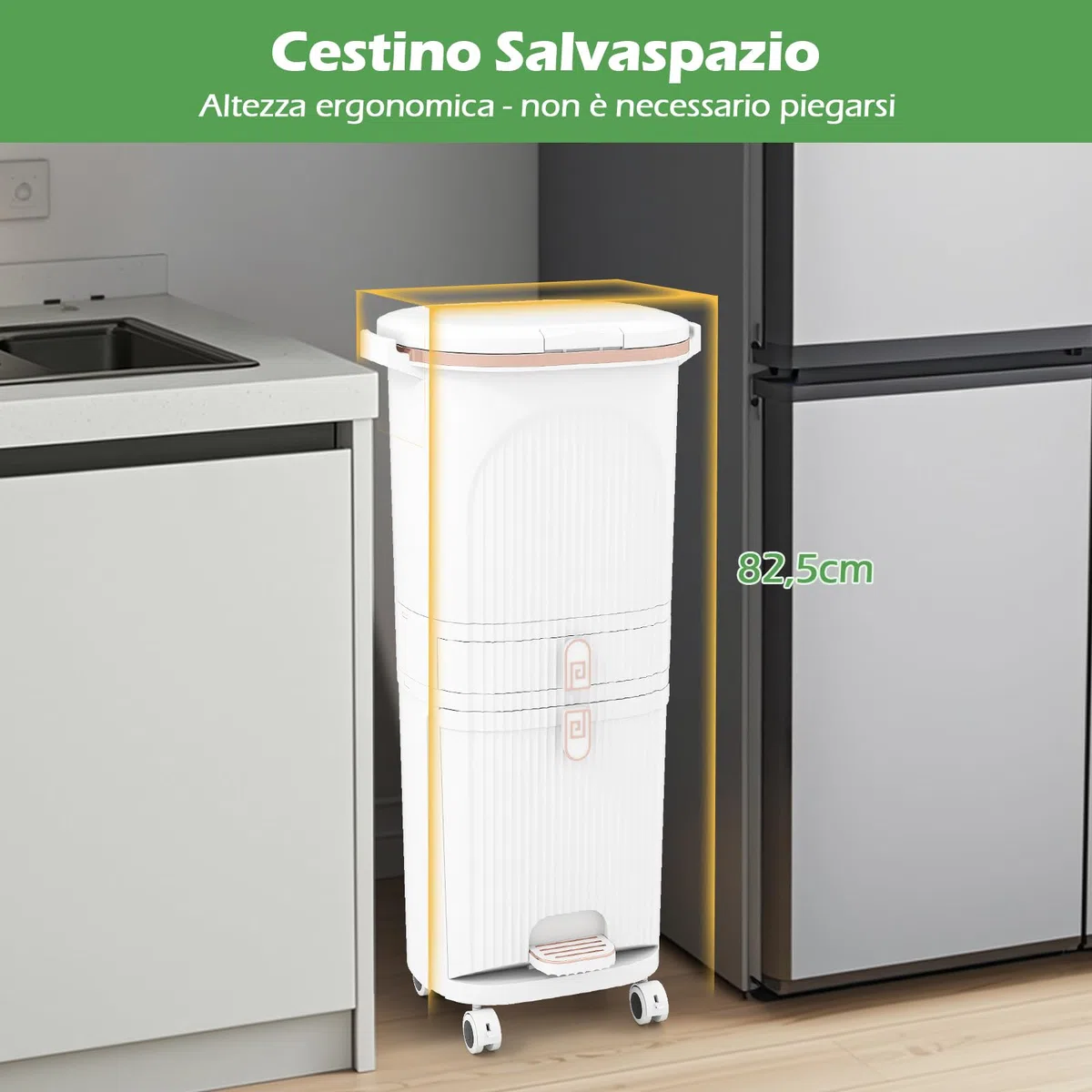 COSTWAY 42 L（12+12+14+4 L） Pattumiera Differenziata, Secchio Spazzatura a 3 Scomparti con Cassetto e Coperchi, 2 Secchi Rimovibili Pedale e Ruote, Bidoni Differenziata per Bagno Cucina Ufficio