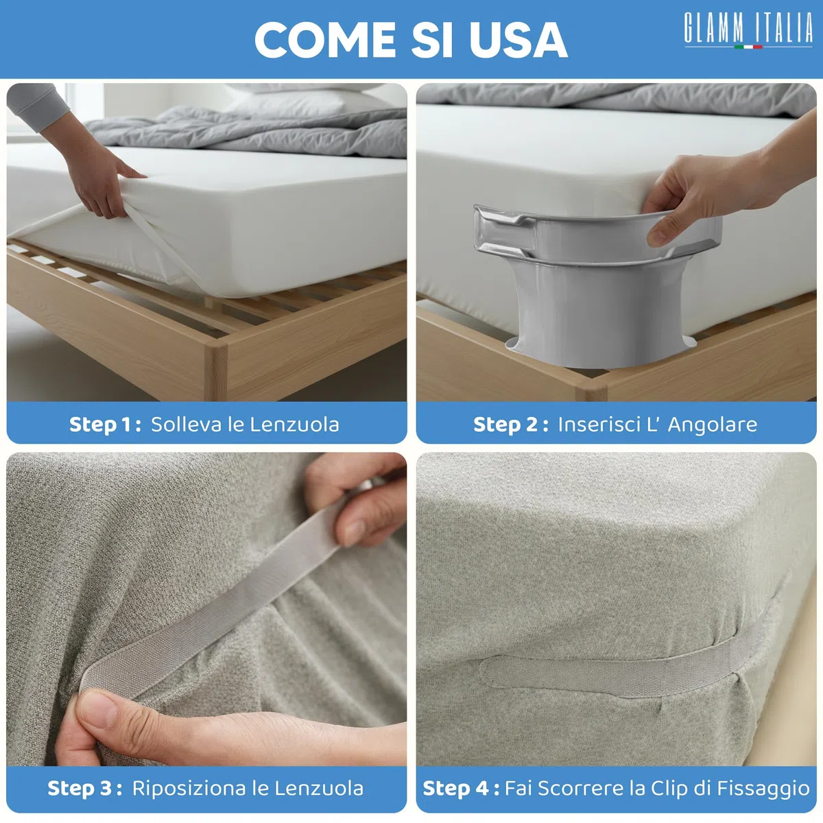 Ferma Lenzuola x Angoli, in Regalo 2 Elastici per Lenzuola – Set Completo con 4 Ferma Angoli Antiscivolo + 2 Elastici Regolabili con Clip Metalliche per Bloccare Le Lenzuola al Materasso.