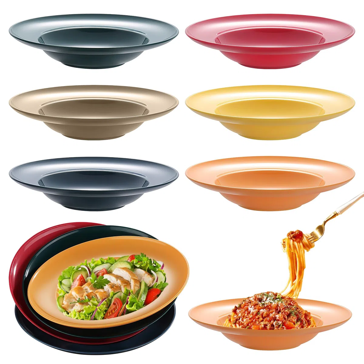BAIFULAI Set di 6 piatti fondi, 4,5 x 23 cm, piatti fondi, riutilizzabili, diversi colori, piatti per spaghetti, piatti per pasta, insalate, bistecche