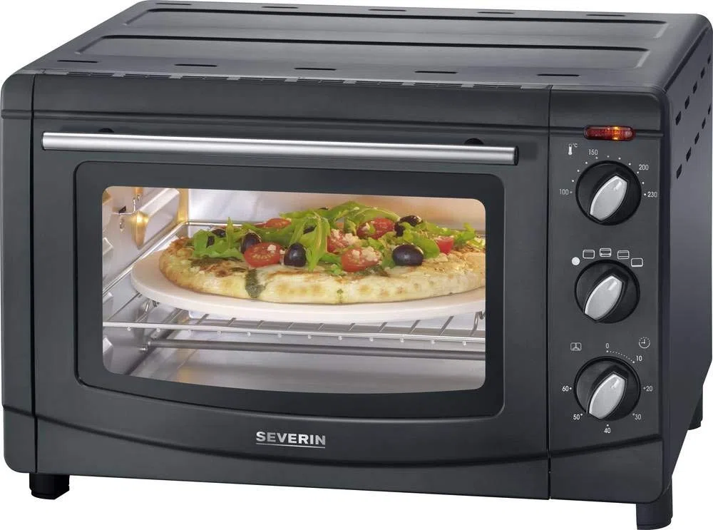 SEVERIN Forno Elettrico e Fornetto Ventilato con Pietra Refrattaria per Pizza e Girarrosto, Mini Forno con Griglia e Teglia, Capacità 20 L, 1500 W, Nero - TO 2068