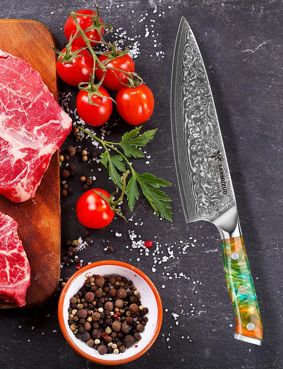 Coltello da chef Professionale - Coltello da Cucina 20 cm, Coltello da Cuoco Acciaio Damasco da 67 Strati- Impugnatura Ergonomica Resina - Xuan Series(Fantasy Orange)
