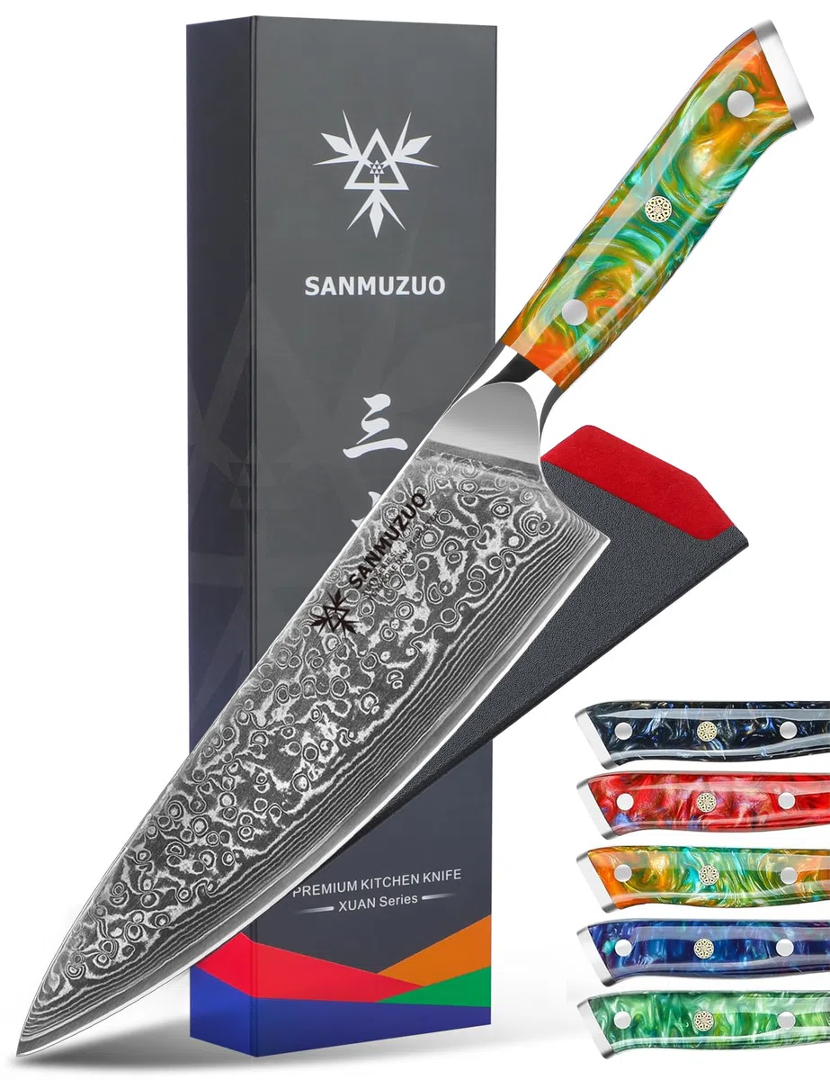 Coltello da chef Professionale - Coltello da Cucina 20 cm, Coltello da Cuoco Acciaio Damasco da 67 Strati- Impugnatura Ergonomica Resina - Xuan Series(Fantasy Orange)