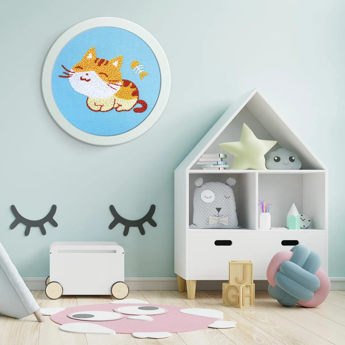 JSRQT Punch Needle Starter Kit,Kit di Ricamo per Aghi da Punzonatura con Motivo Gatto,Kit per Principianti per Ricami,Strumento di Ricamo Aghi da Punzonatura per Principianti Bambini Adulti