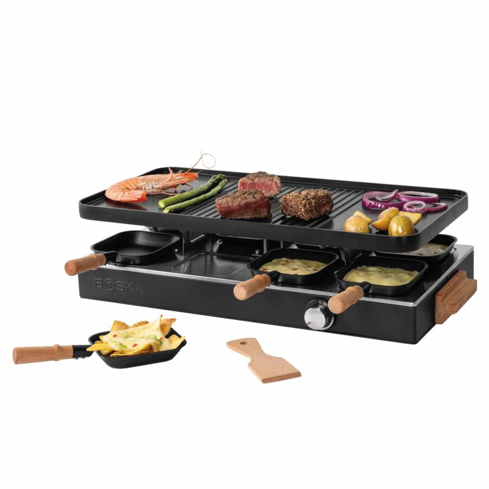 Boska Raclette Party – Griglia da tavolo per 8 persone – Senza PFAS – Piastra in ceramica – Manici in legno di faggio – Piastra in alluminio reversibile – Nero