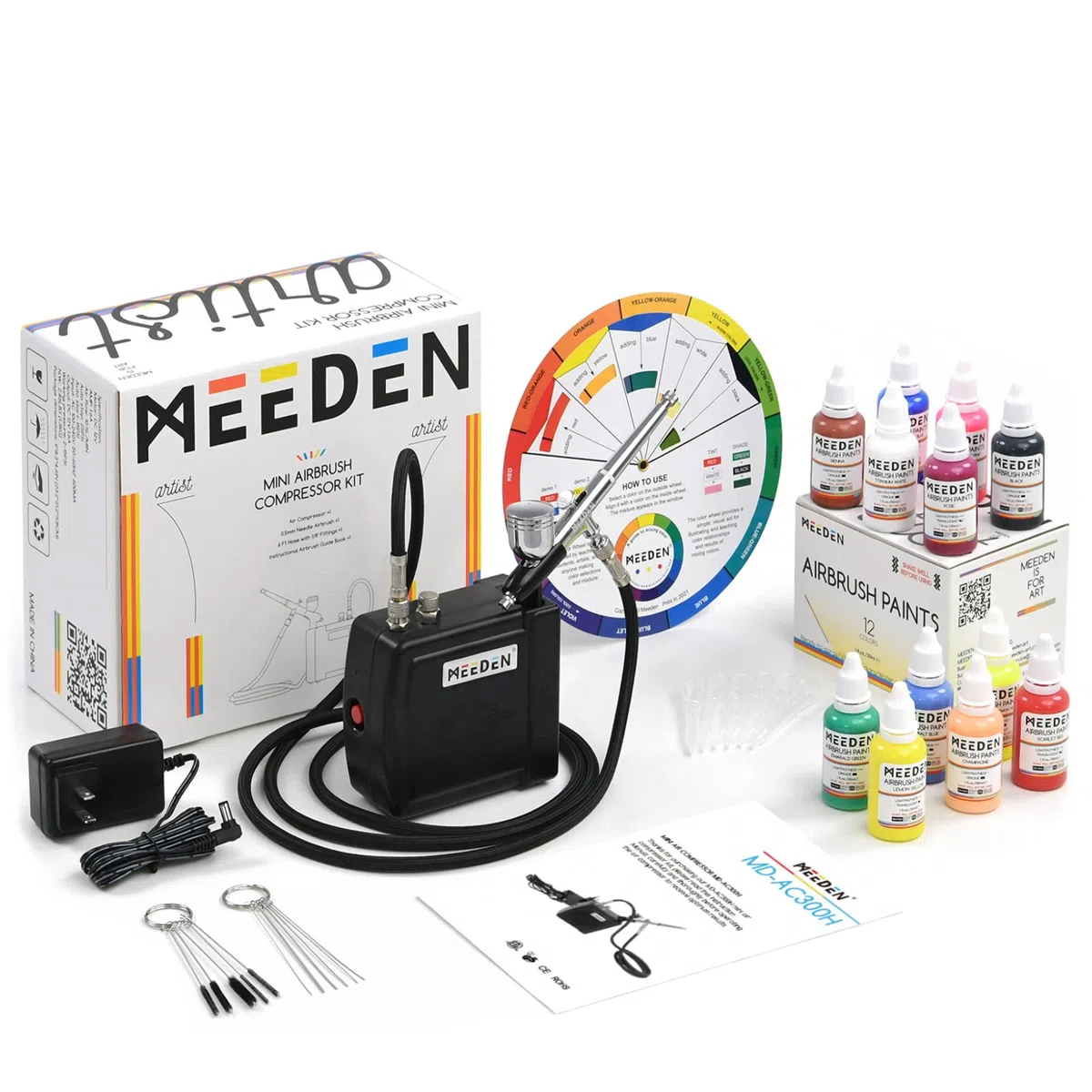 MEEDEN Kit aerografo con mini compressore d'aria portatile, pistola aerografo a doppia azione con alimentazione a gravità, kit di pulizia a 12 colori aerografo per la pittura di modelli - Nero