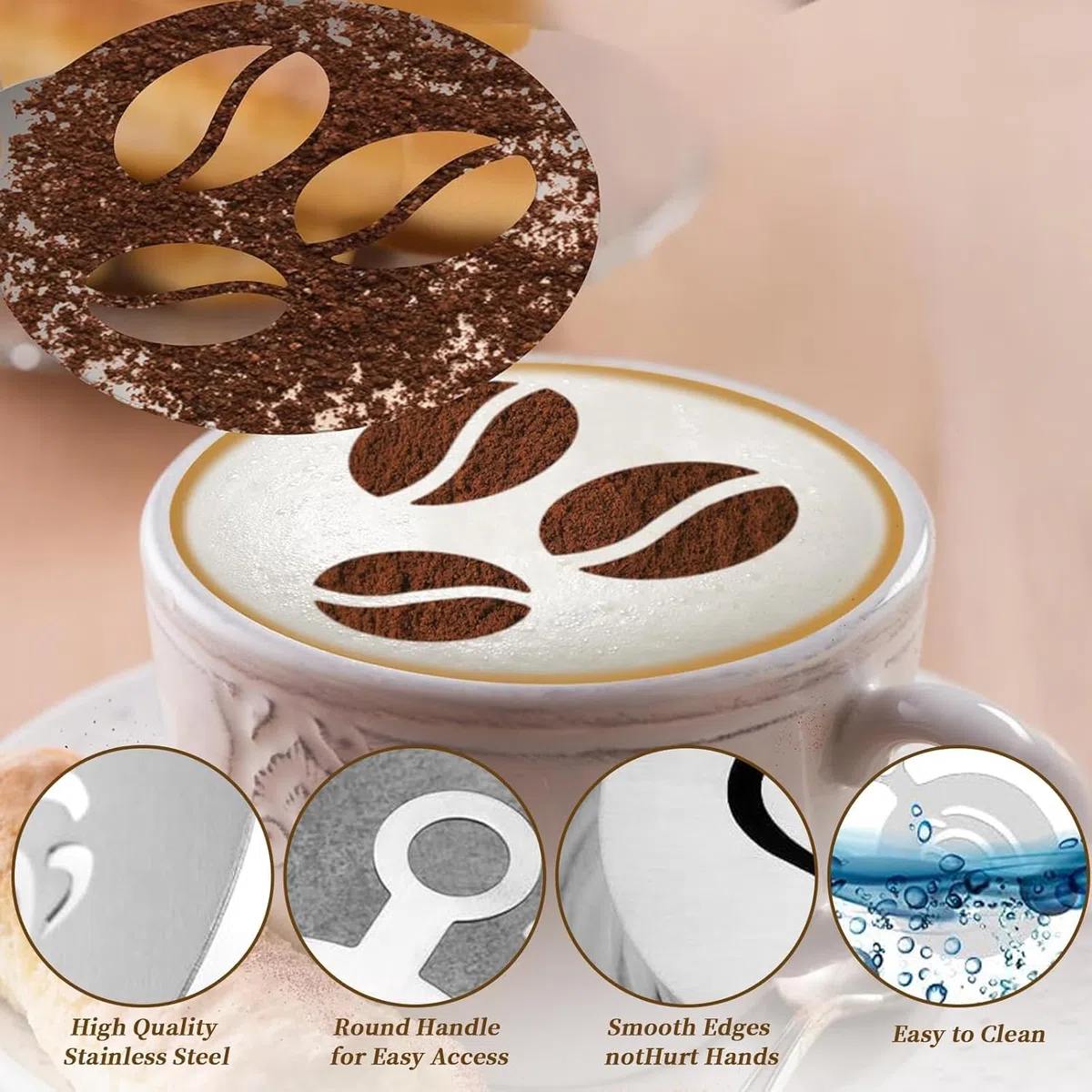 5 stencil per caffè in acciaio inox, cappuccino, barista, stencil per decorazione del cacao, accessori per il caffè fai da te