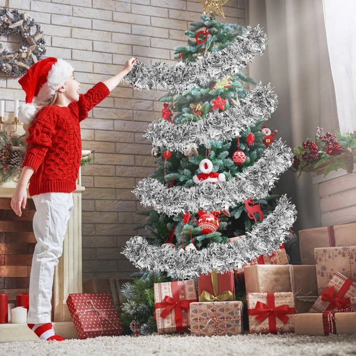 SULOLI Ghirlanda Natalizia Argente,10 Metri Ghirlanda Tinsel Artificiale per Decorazioni Albero di Natale(Argento)