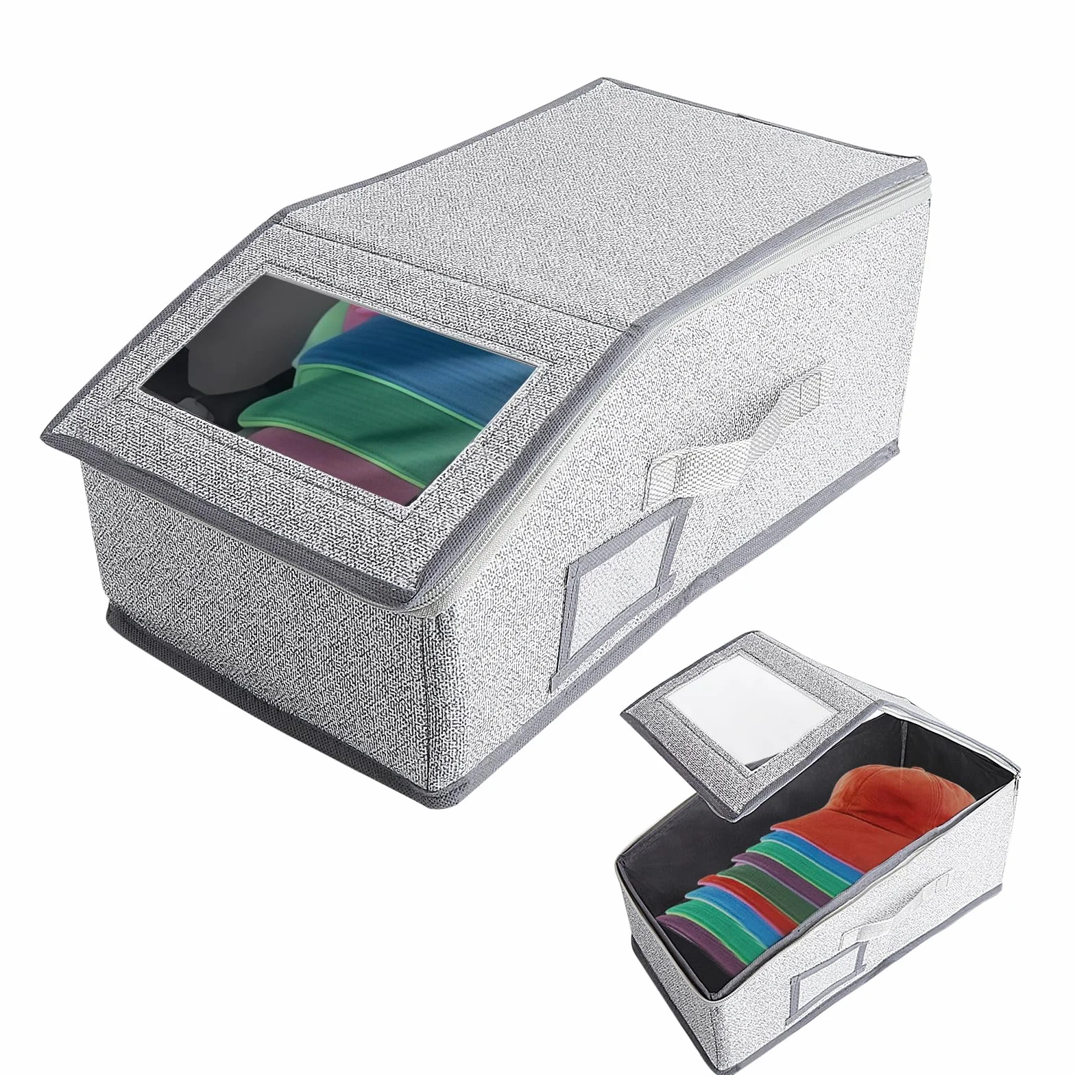 Scatola Porta Cappelli con Finestra Trasparente – Contenitore Pieghevole e Impilabile in Tessuto, Organizzatore Armadio Anti-Polvere, Scatola Salvaspazio per Cappelli, Vestiti e Accessori