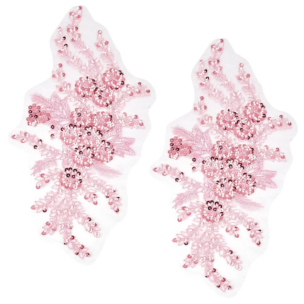 2 pz 3D Ricamo Floreale Applique Poliestere Paillettes Fiore Applique Rosa Perline Pizzo Ricamato Cucire su Toppe In Tulle per Cucire Fare Artigianato Vestiti Matrimonio Abito Da Sposa Forni