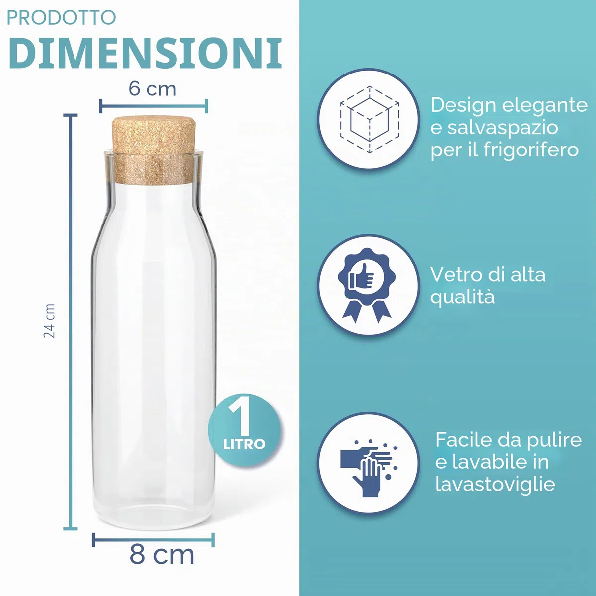 HEFTMAN Caraffa Bottiglia di Vetro - Bottiglia di Vetro da 1 Litro con Coperchio in Sughero, Caraffa d'Acqua Trasparente per Bevande Calde e Fredde, Vasetti Riutilizzabili per Ammorbidente per Tessuti