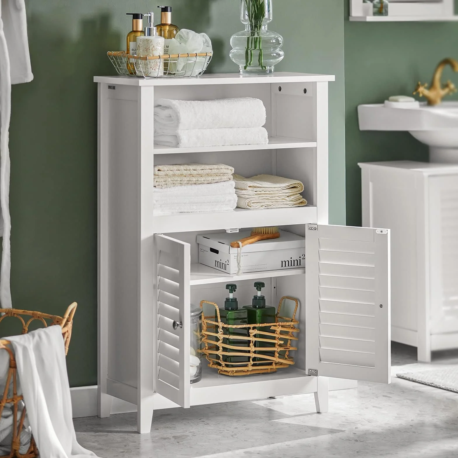 SoBuy Armadio da Bagno – Mobile da Bagno Salvaspazio con Ripiani e Porte, Credenza in Legno Stretto per Corridoio e Soggiorno, Bianco, 60 x 90 x 26 cm, BZR13-W
