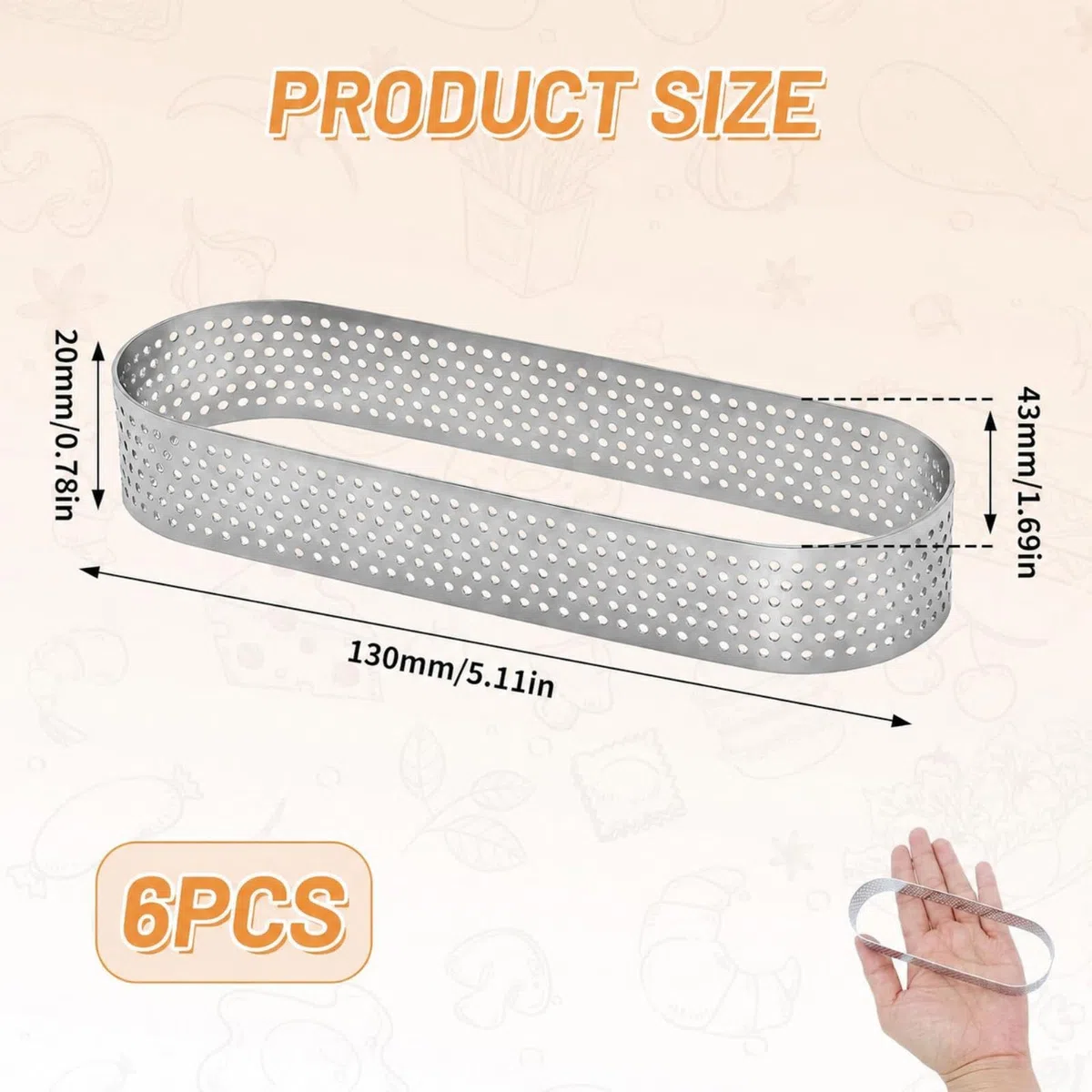 Set di 6 anelli per torta in acciaio inox, ovali, 13 x 4 x 2 cm, resistenti al calore, perforati per mousse, torte, tortine e dessert, durevoli, antiaderenti, ideali per idee creative