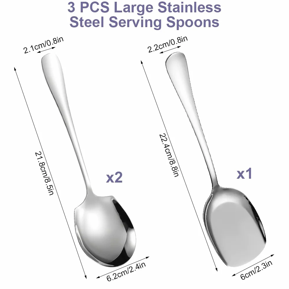 3 Pezzi Cucchiai da Portata Grandi in Acciaio Inox, Cucchiai da Buffet con Manico Lungo, Facile da Pulire, Cucchiaio da Portata, Grande Cucchiaio da Insalata per Cucina, Ristorante, Banchetto, Argento