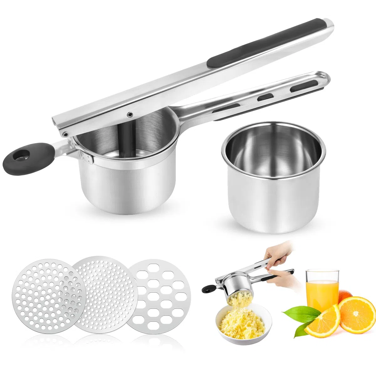 VFANDV Schiacciapatate Manuale in Acciaio Inox Con 3 Setacci Spaetzle Intercambiabili per Purè di Patate, Frutta, Verdure e Bébé