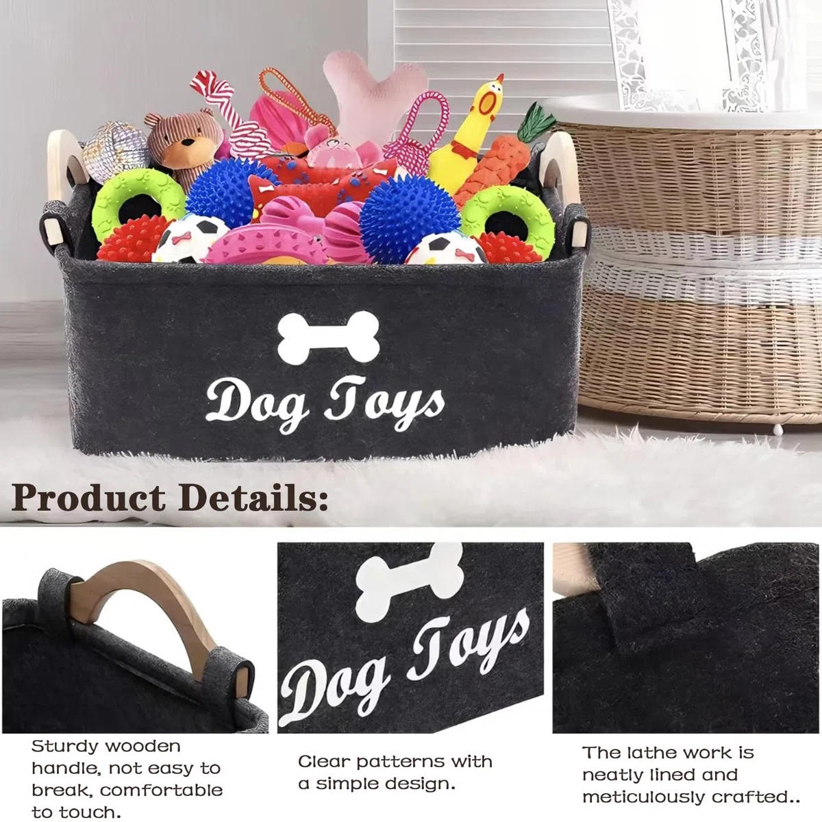 Cestino per giochi per cani, 38x25x18 cm, in materiale feltro, con manico e design a ossa, perfetto per soggiorno, camera e giardino