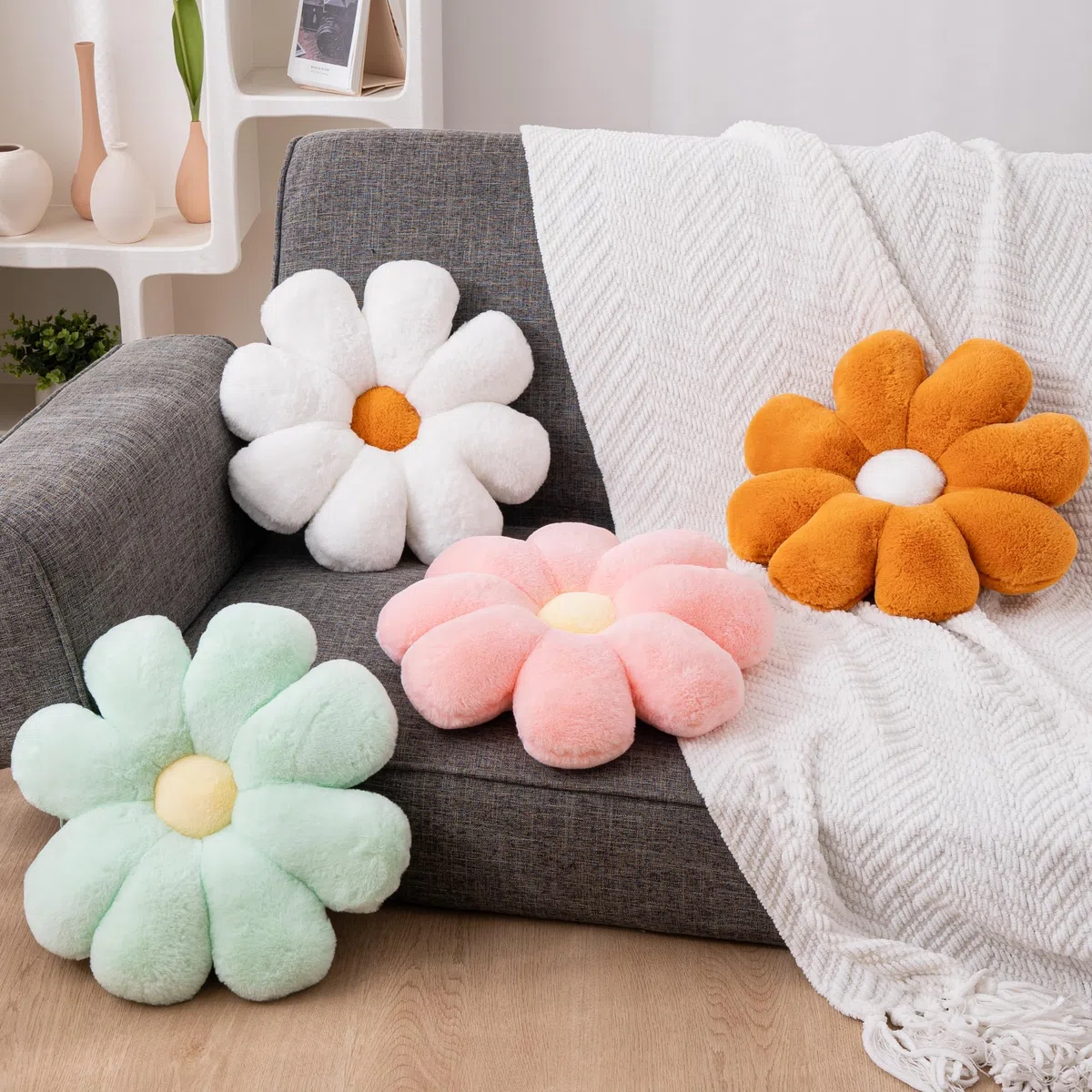 Aryan Fiore Cuscino da Terra, Cuscini da Terra con Fiori Estetici, Cuscino in Velluto Rosa, Decorazione della Stanza Preppy per Camera da Letto, Divano, Divano, 38cm (Rosa)