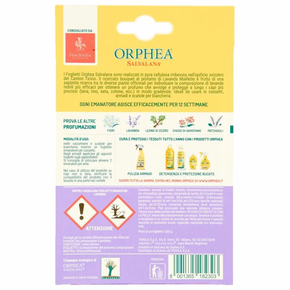 Orphea Salvalana Foglietti per Cassetti e Armadi Protegge Lana Vestiti Lavanda 12 Foglietti Emanatori 3 Pezzi