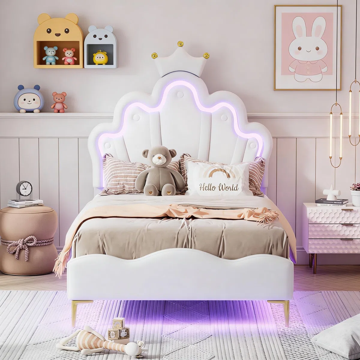 Lettino imbottito per bambini, 90 x 200 cm, con testa a LED e testiera regolabile, a forma di corona, letto singolo, per ragazzi, con rete a doghe (bianco D, 90 x 200 cm)