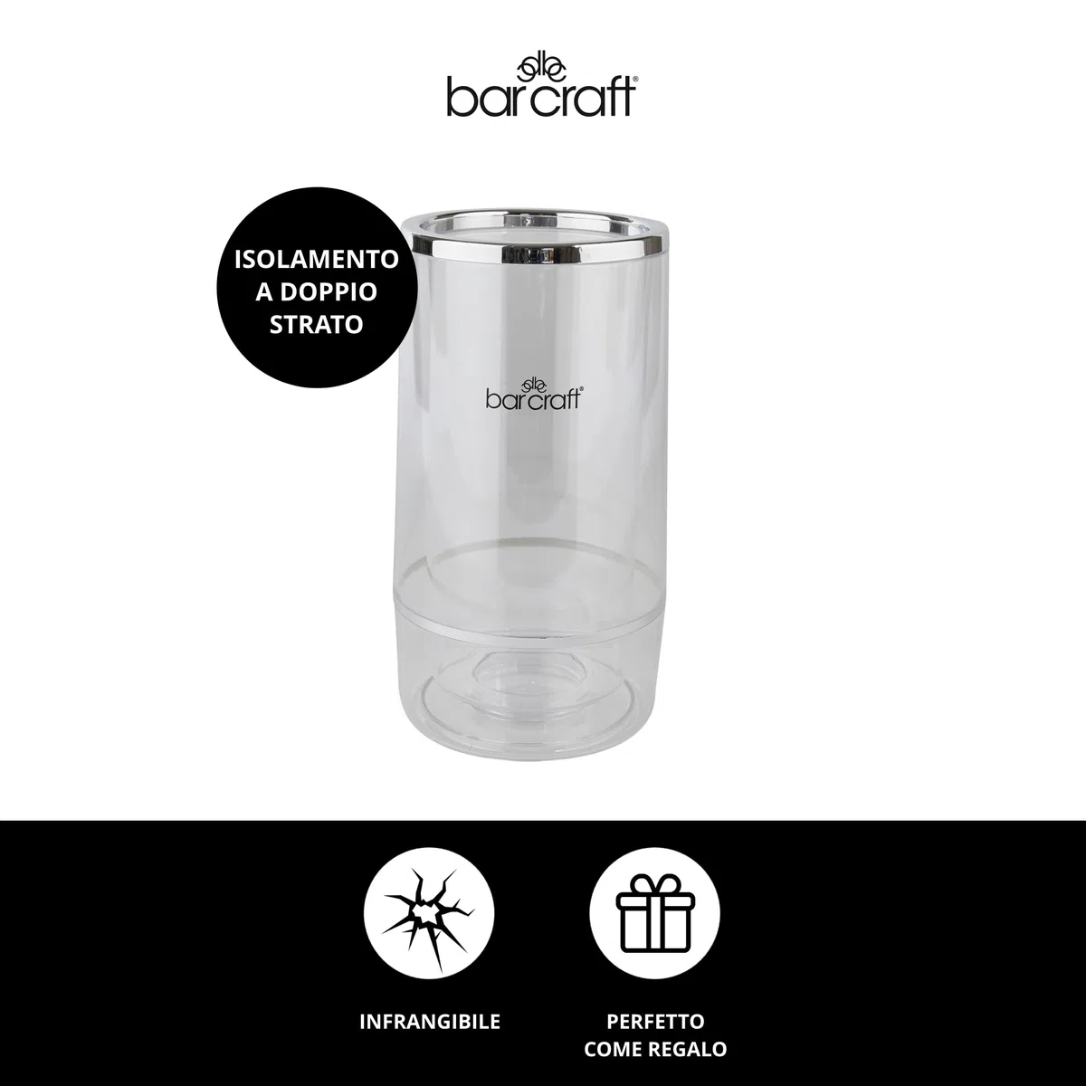 BarCraft Refrigeratore Isolato, Bottiglia Singola, Acrilico con Dettagli Cromati, 12 x 12 x 23cm, Trasparente/Acciaio