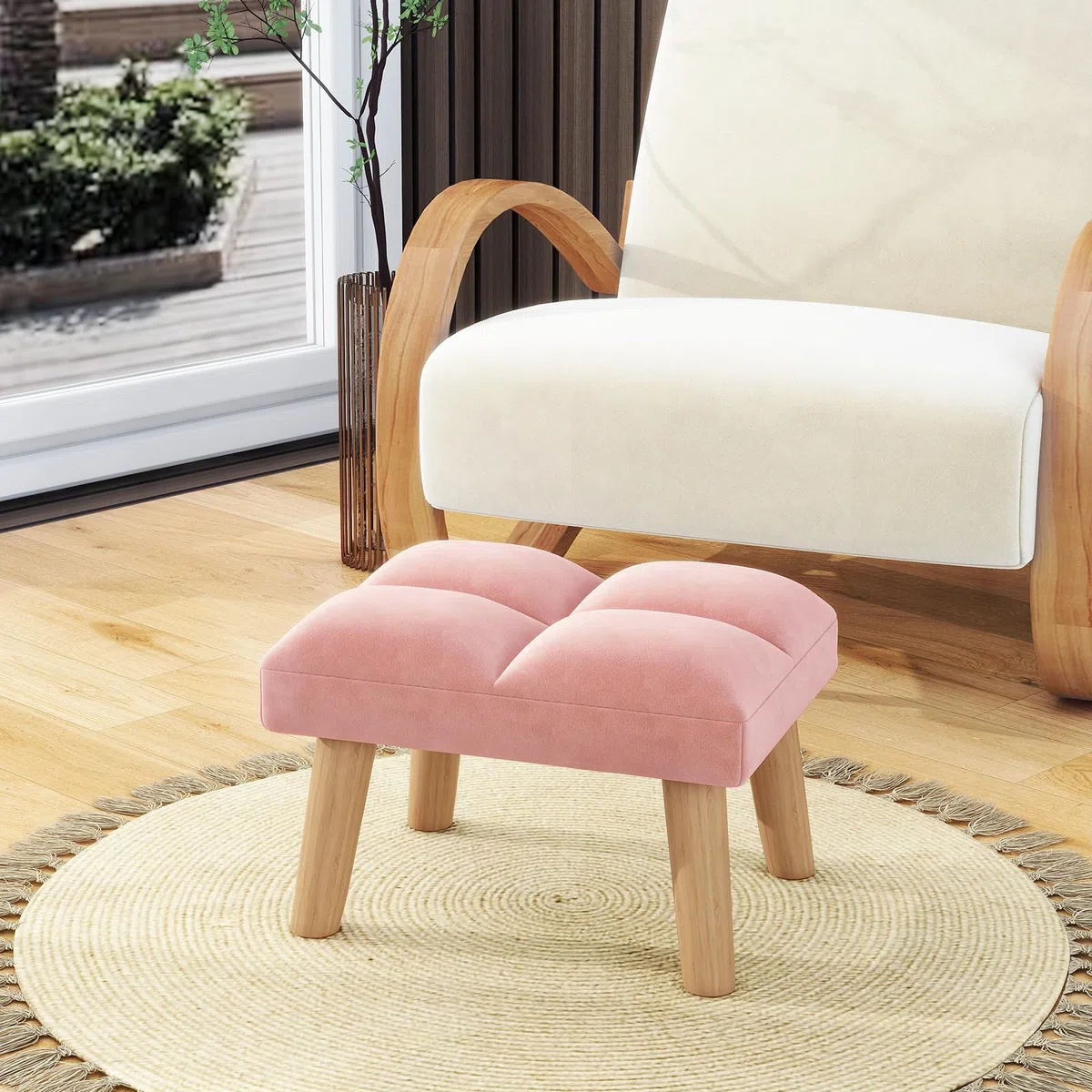 YMYNY Poggiapiedi sotto la scrivania, piccolo sgabello ottomano con gambe in legno, moderno poggiapiedi imbottito in velluto, poggiapiedi per soggiorno, ingresso 40 x 30 x 27 cm, rosa, HBD032P