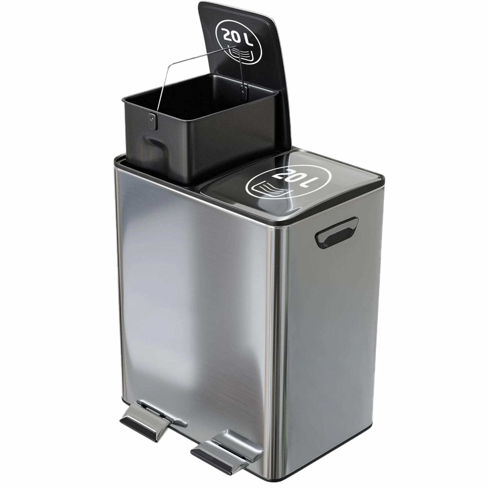 Amig - Pattumiera Doppia per Raccolta Differenziata con Pedali Mod. RECIK EVO 40 L - 2 Scomparti da 20 L ciascuno - Acciaio Inossidabile - 45 x 30 x 52 cm - Argento