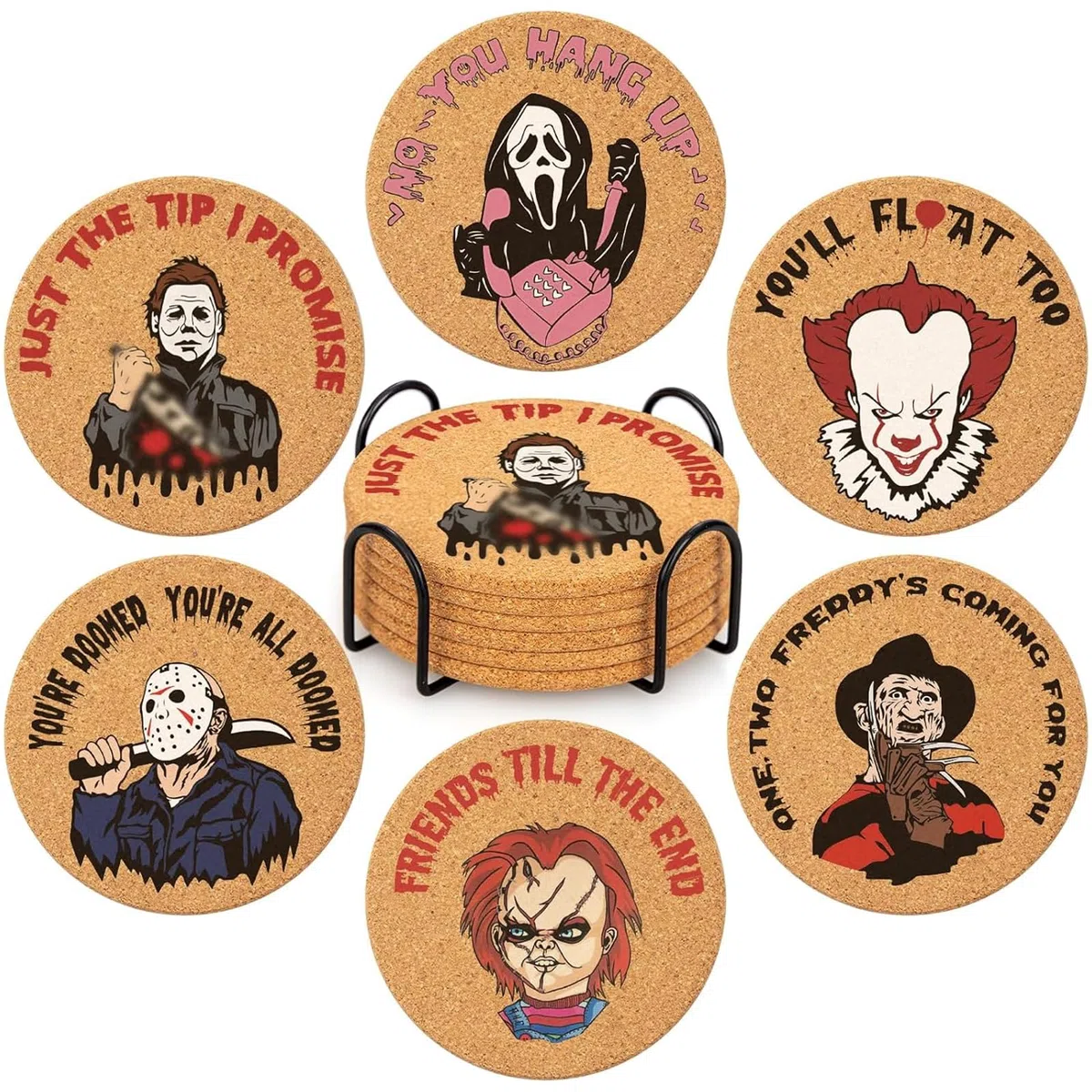 Horror Film Sottobicchieri, Halloween Sottobicchieri Set di 6, Horror Ssottobicchieri Sughero con Supporto, Decorazioni per Film Horrors, Regali per Film Horrors