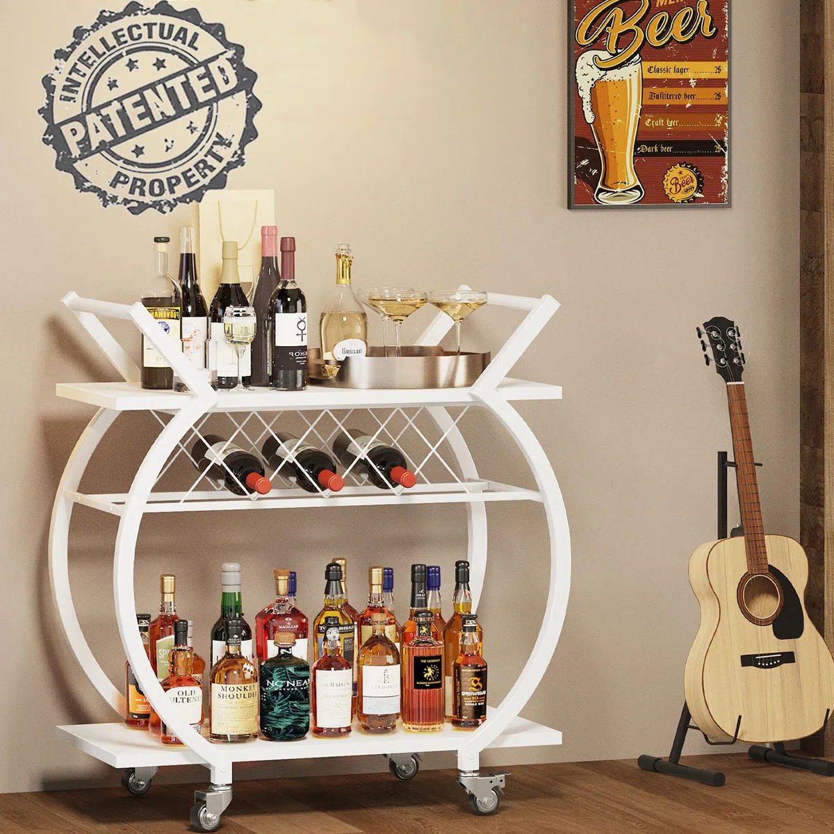 LVB Carrello Portabevande Bianco, Carrello Bar Moderno con Ruote, Mobile per Vino/Cucina, Design Elegante con Ripiano, Adatto a Soggiorno o Dining