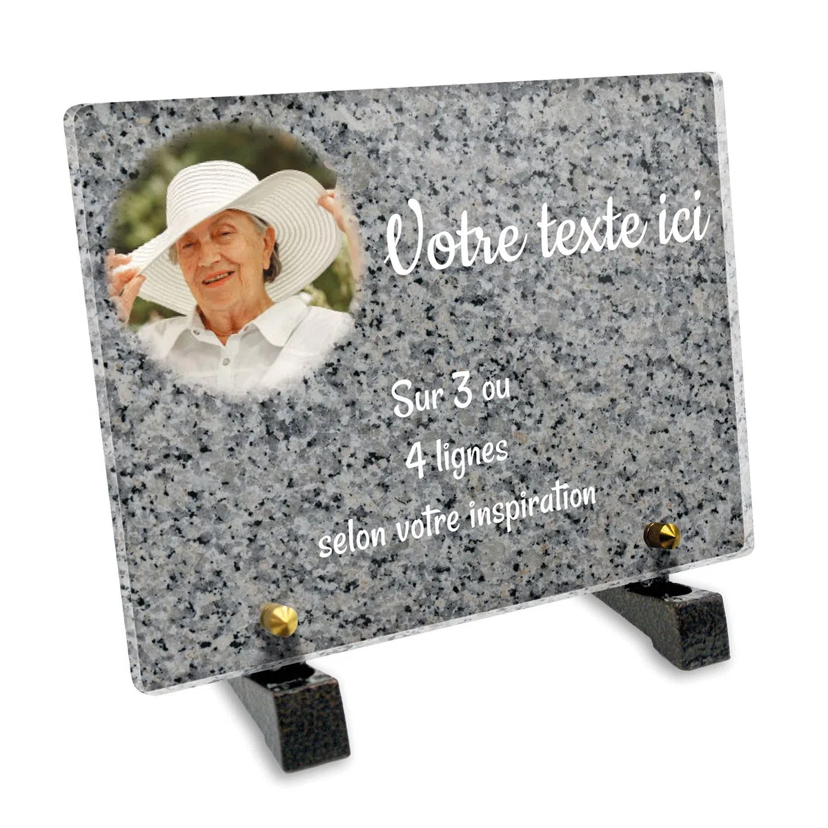 Targa funeraria rettangolare con foto personalizzabile in plexi motivo granito 2, diverse dimensioni, spessore 6 mm, personalizzata su più linee, 20 x 15 cm
