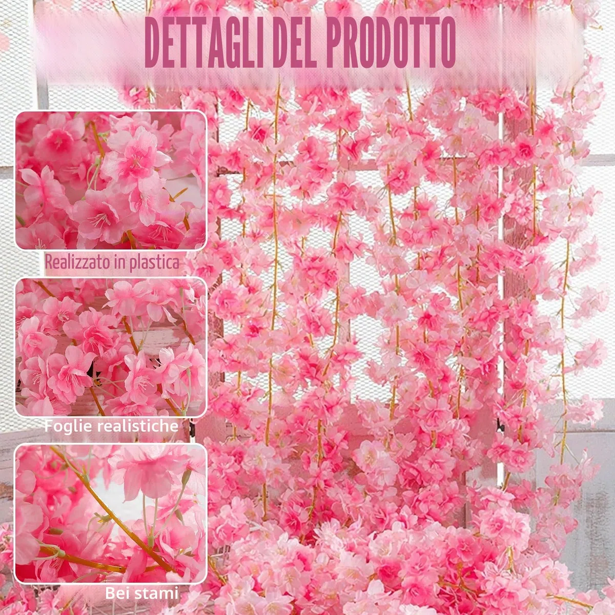 3 Pezzi Ghirlanda Fiori di Ciliegio Artificiali 180cm – Fiori Rosa Scuro Realistici per Decorazioni Matrimonio, Festa, Giardino, Balcone, Casa, Camera – Vite Finta Sakura per Interni ed Esterni