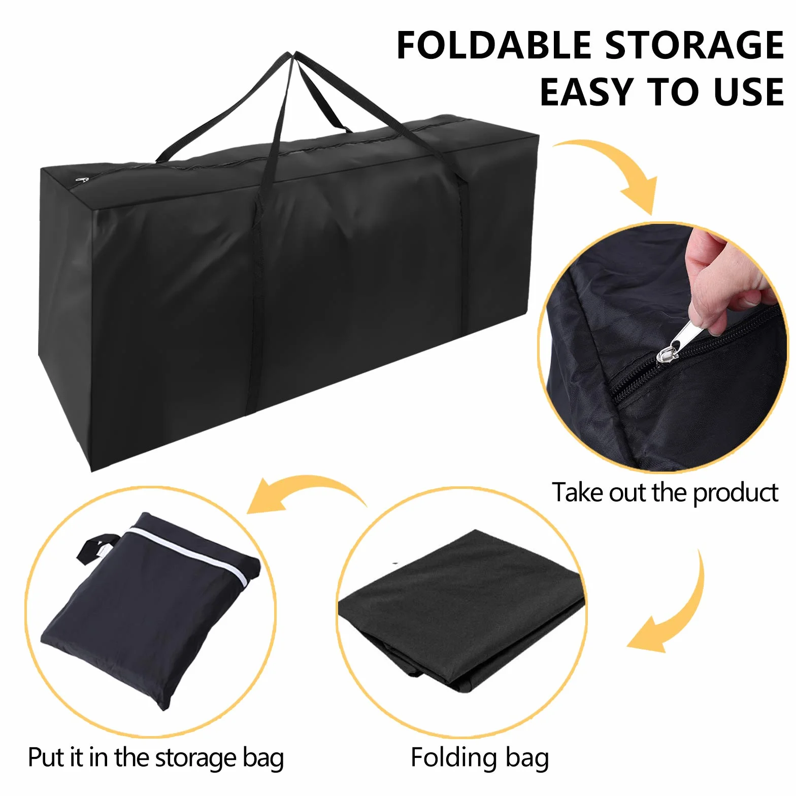 Herefun Borsa di Stoccaggio Tessuto Oxford 210D Impermeabile, Borsa per Cuscini da Giardino 122 x 39 x 55 cm, Nero con Zipper, Portatile e Durabile