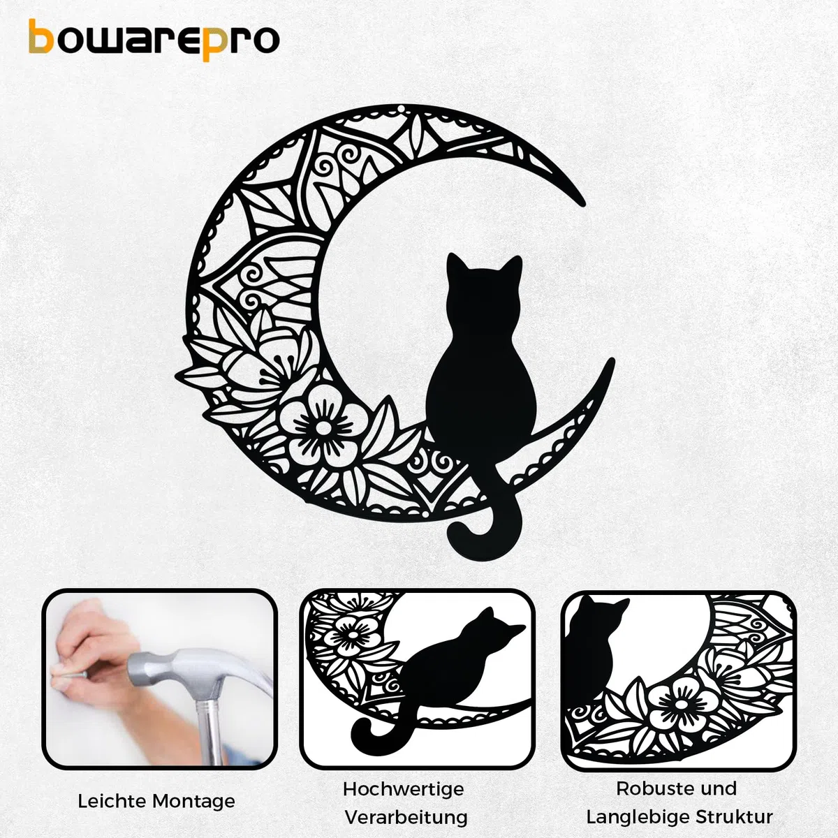 Bowarepro 1 Pezzo in Metallo Gatto e Luna, Decorazione da Parete, Decorazione per Casa, Interni ed Esterni