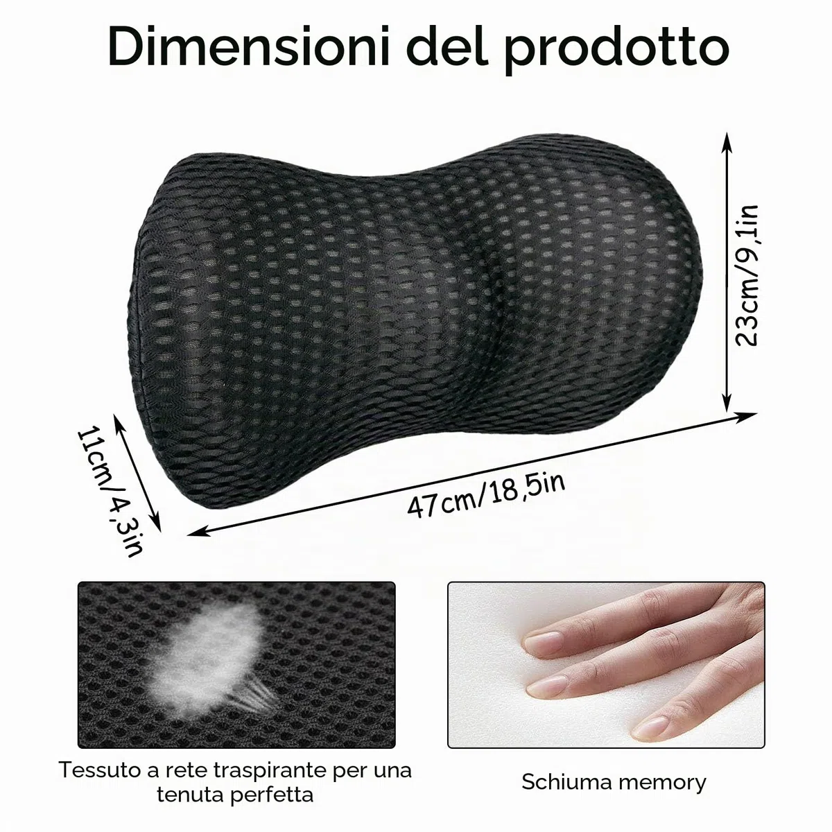 Cuscino lombare per sedia da ufficio, cuscino lombare ergonomico in memory foam, cuscino lombare con cuscino traspirante per auto, per sedili auto, sedia da ufficio, nero