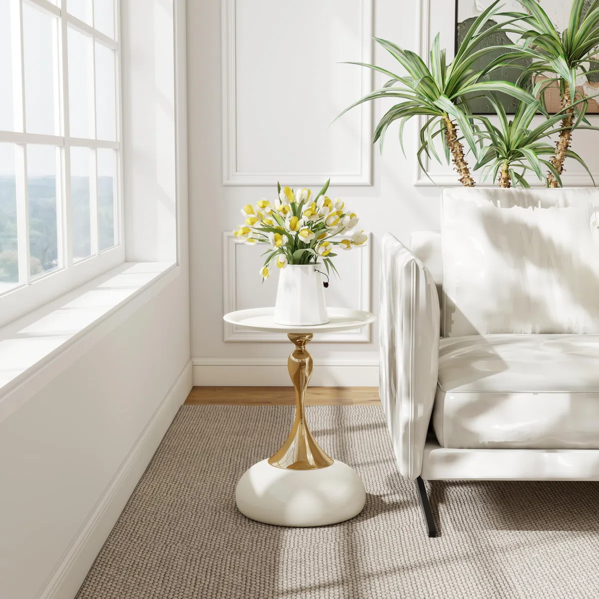 Tavolino Piccolo da Salotto, Tavolo da Salotto Moderno di Lusso, Tavolino da Esterno Basso per Soggiorno, Camera da Letto, Balcone, Ø40cm Beige+Oro (1 Pezzo)