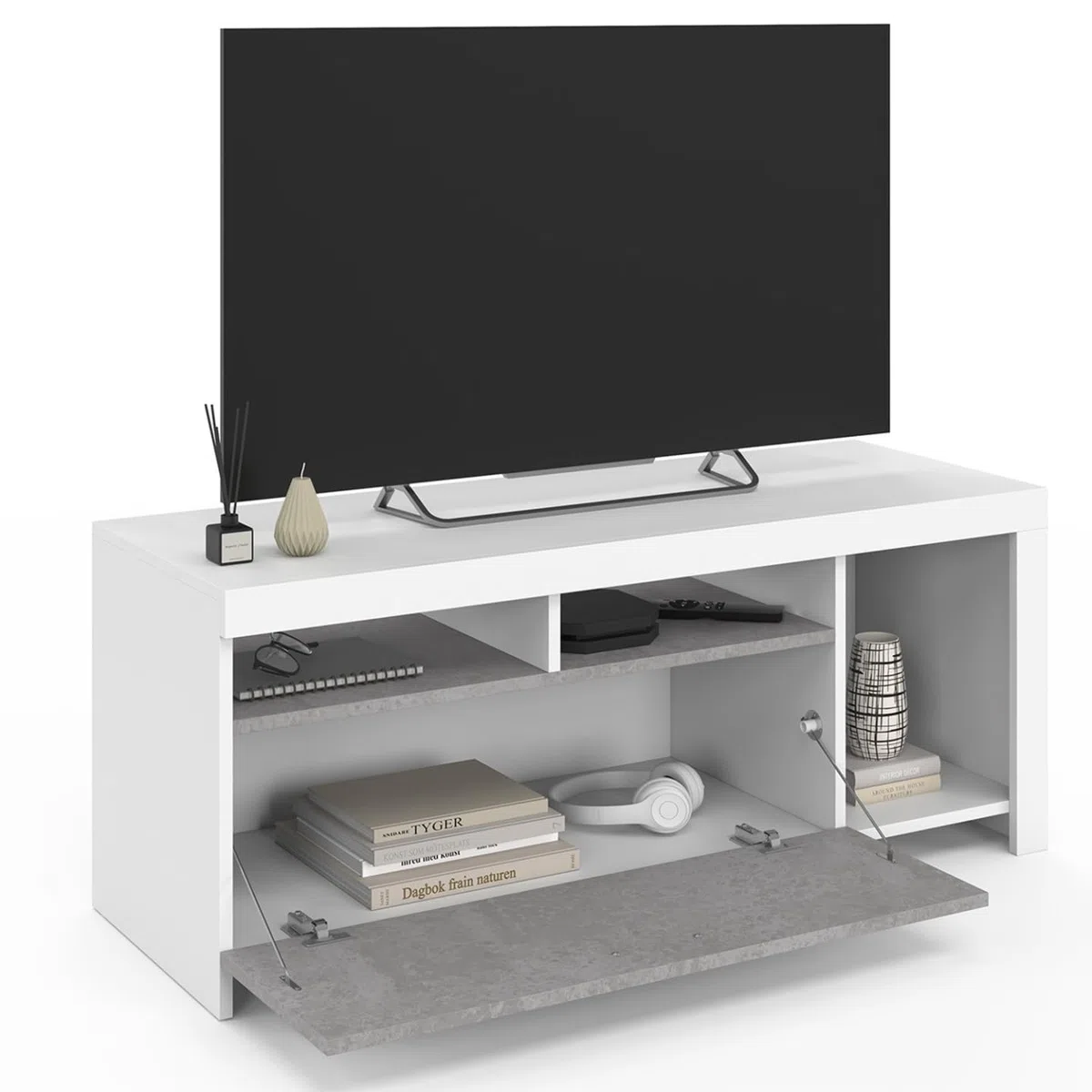IDMarket - Mueble TV MALO blanco 110 cm y armario de hormigón