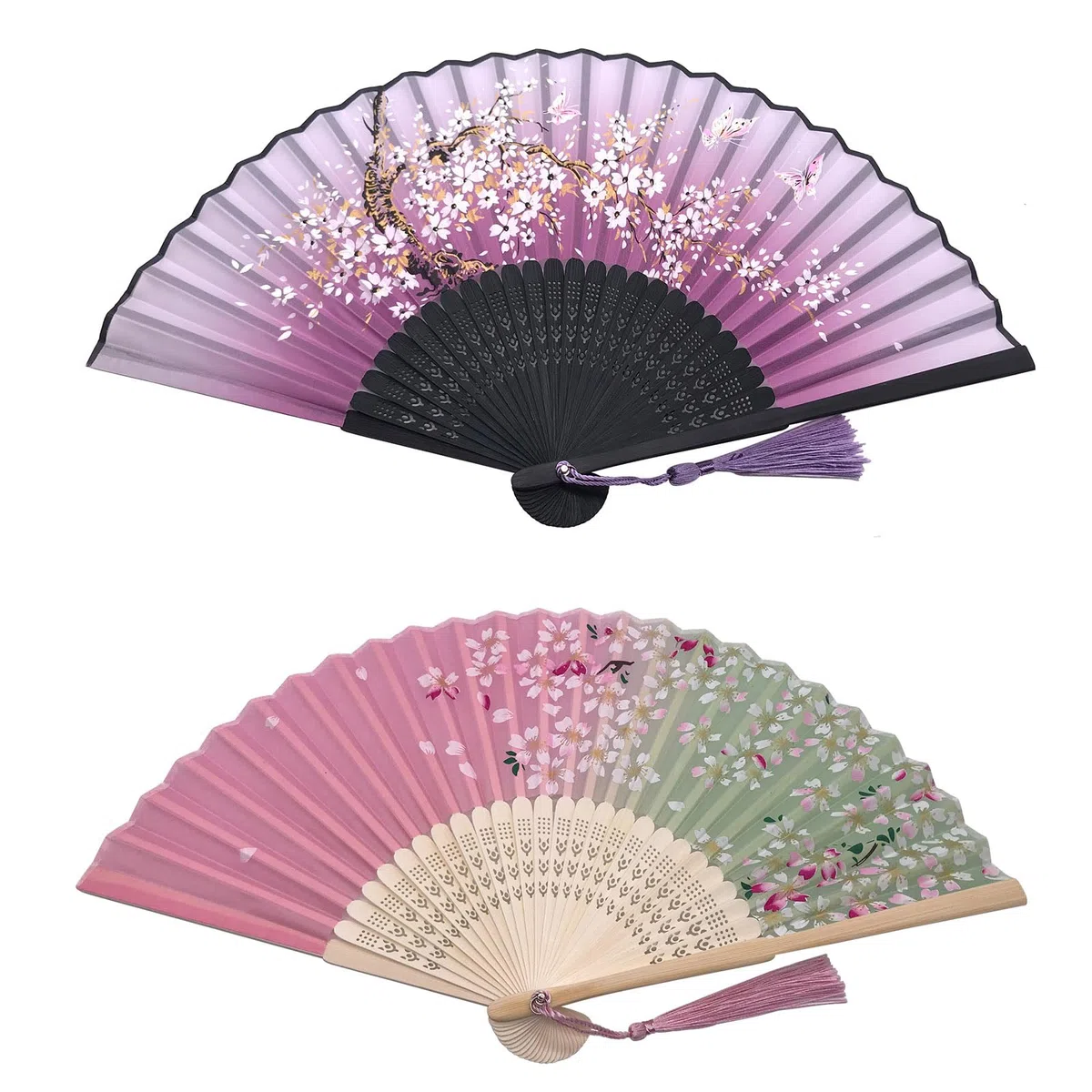 Kibon Ventilatori Pieghevoli, Ventilatori Portatili, Ventilatori a Mano, Ventilatori in Bambù con Nappa per Regali di Compleanno, Cosplay, Matrimonio, Festa, Decorazione (viola + rosa)