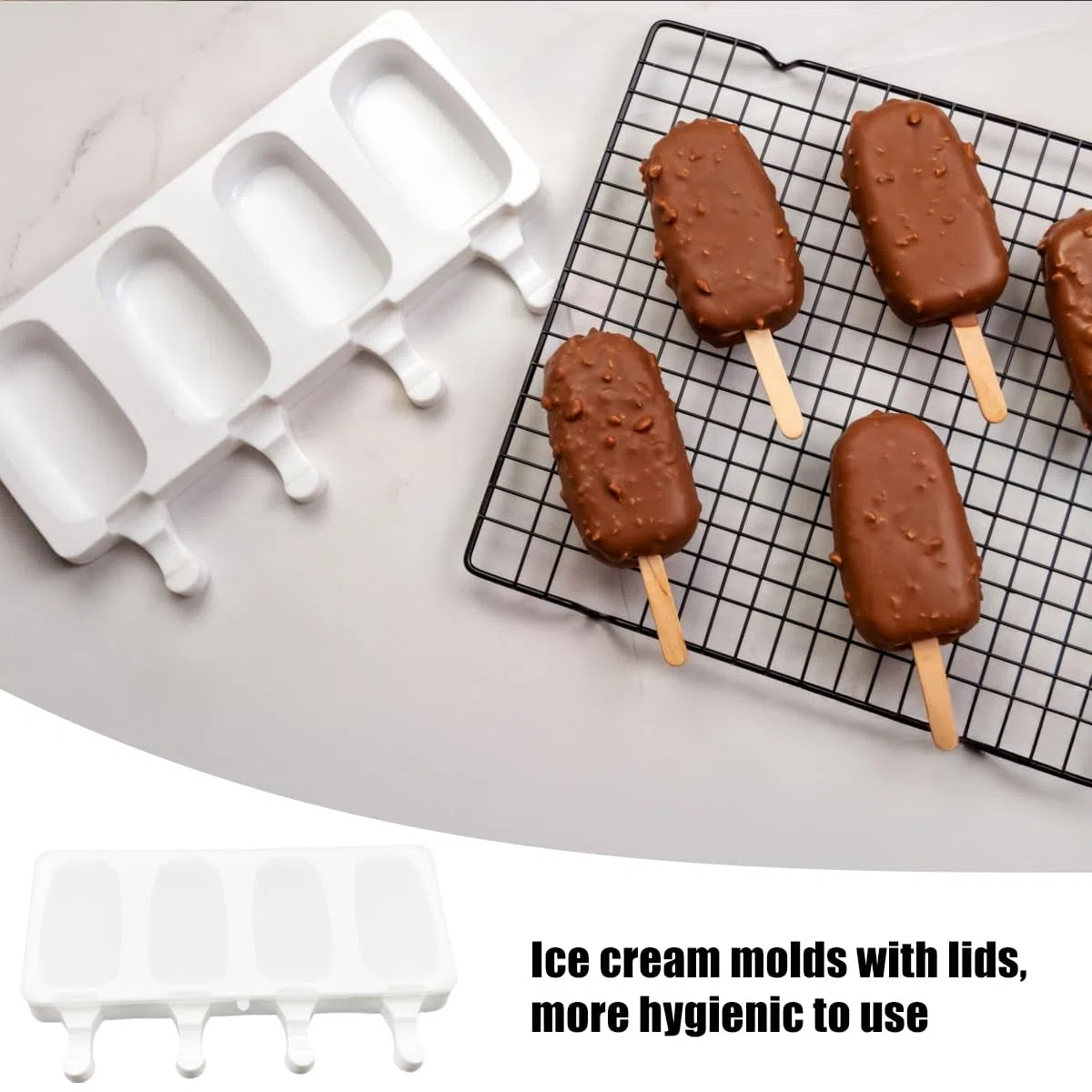 2Pcs Stampo in Silicone per Gelato,stampi per gelato con coperchio,4 Cavità Ghiaccioli Gelato Stampo Senza BPA, Stampi Gelato Stecco al Cioccolato congelato Fai da Te per Bambini Adulti