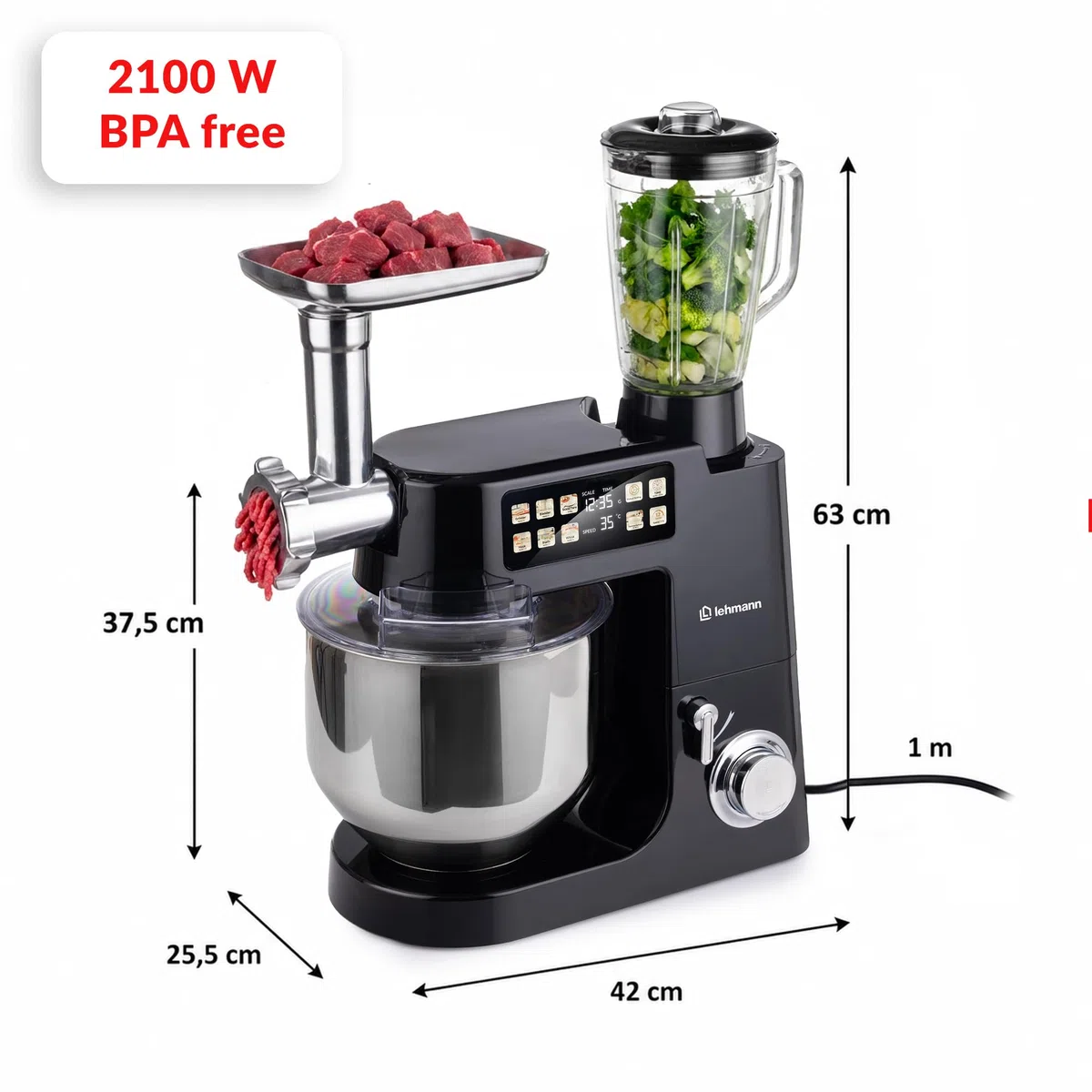 LEHMANN Teyles Impastatrice Planetaria Professionale 2100W 8L con Bilancia Integrata, Touchscreen e Ciotola Riscaldata, Blender 1,5L, Tritacarne, Planetaria per Pane e Pizza, Nero