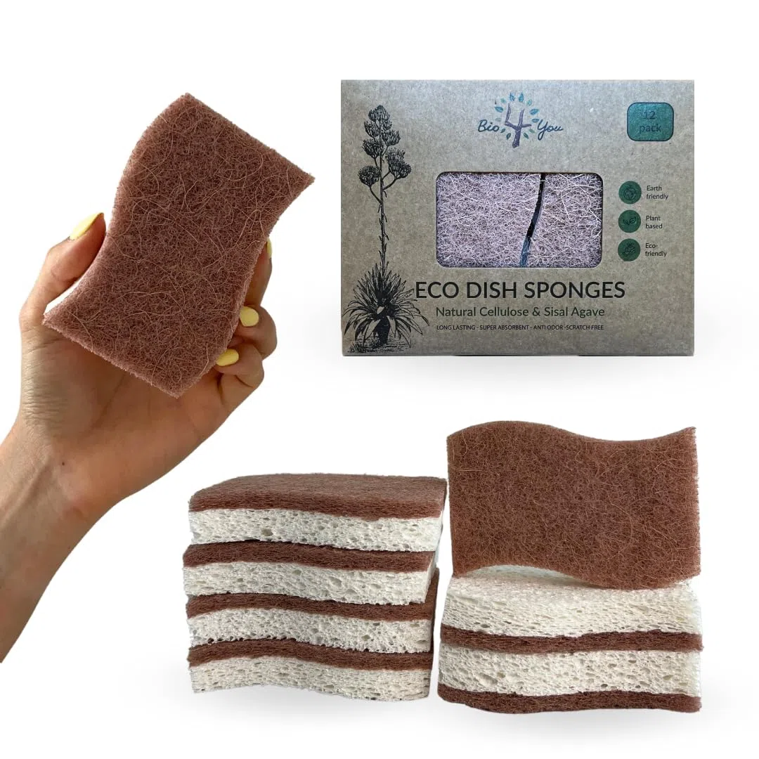 Spugna da cucina naturale biodegradabile Bio4You, compostabile, in cellulosa e noce di cocco, confezione da 12 spugne ecologiche per piatti, forma pratica