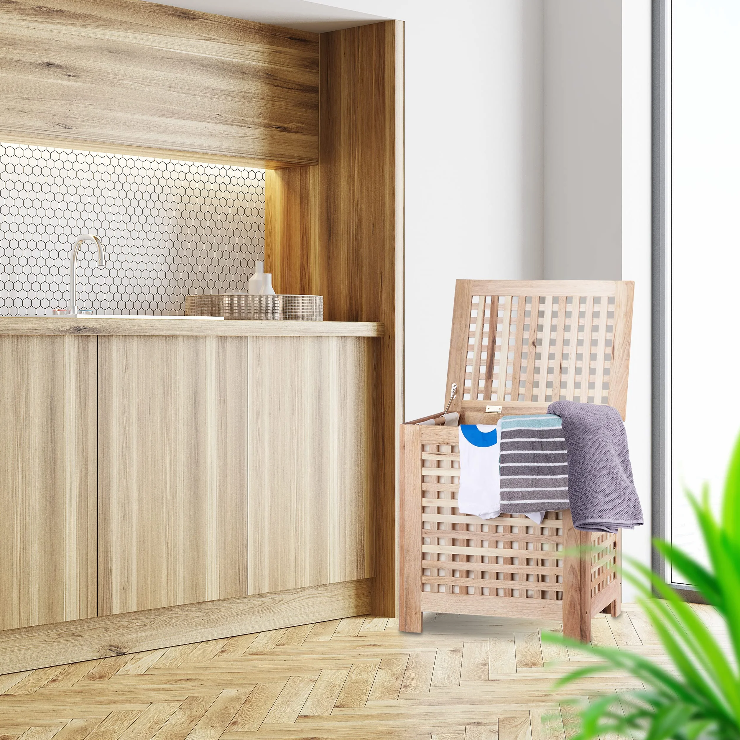 Relaxdays Cesto Portabiancheria, Cesta in Legno, con Sacco e Coperchio, 70 L, HBT: 55,5x52,5x39,5 cm, colore naturale