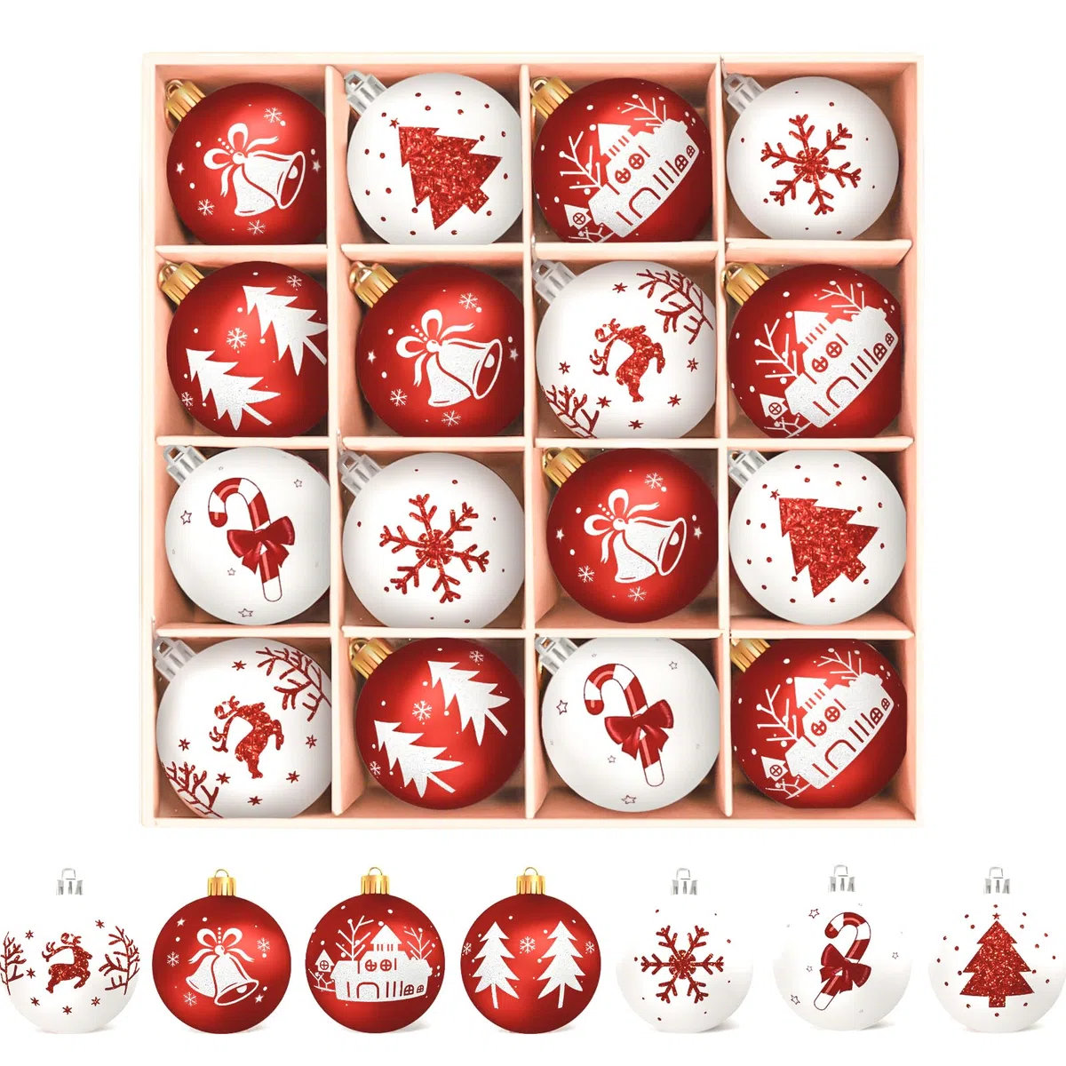 Palline di Natale Bianche e Rosso, 16PCS Decorazioni Albero di Natale, 6cm Palline Plastica con Gancio, Idee Regalo Decorazioni Natalizie per la Casa(7 Tipi Modelli)