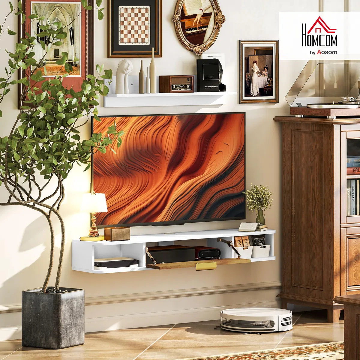 HOMCOM Mobile da soggiorno, mobile da sala da pranzo, con ripiano da parete, mobile TV, armadio, scomparti per cavi, per TV da parete, 120 x 24 x 16 cm, bianco