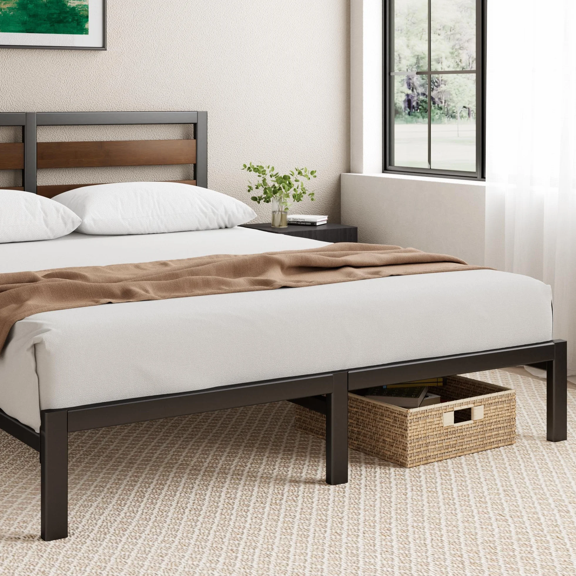 Zinus Kai Struttura Letto Singolo 80x190 cm con Testiera in Bambù - Rete Singola con Doghe in Metallo Incluse - Altezza 25.4 cm con Spazio Sottostante - Facile da Montare - Nero e Marrone