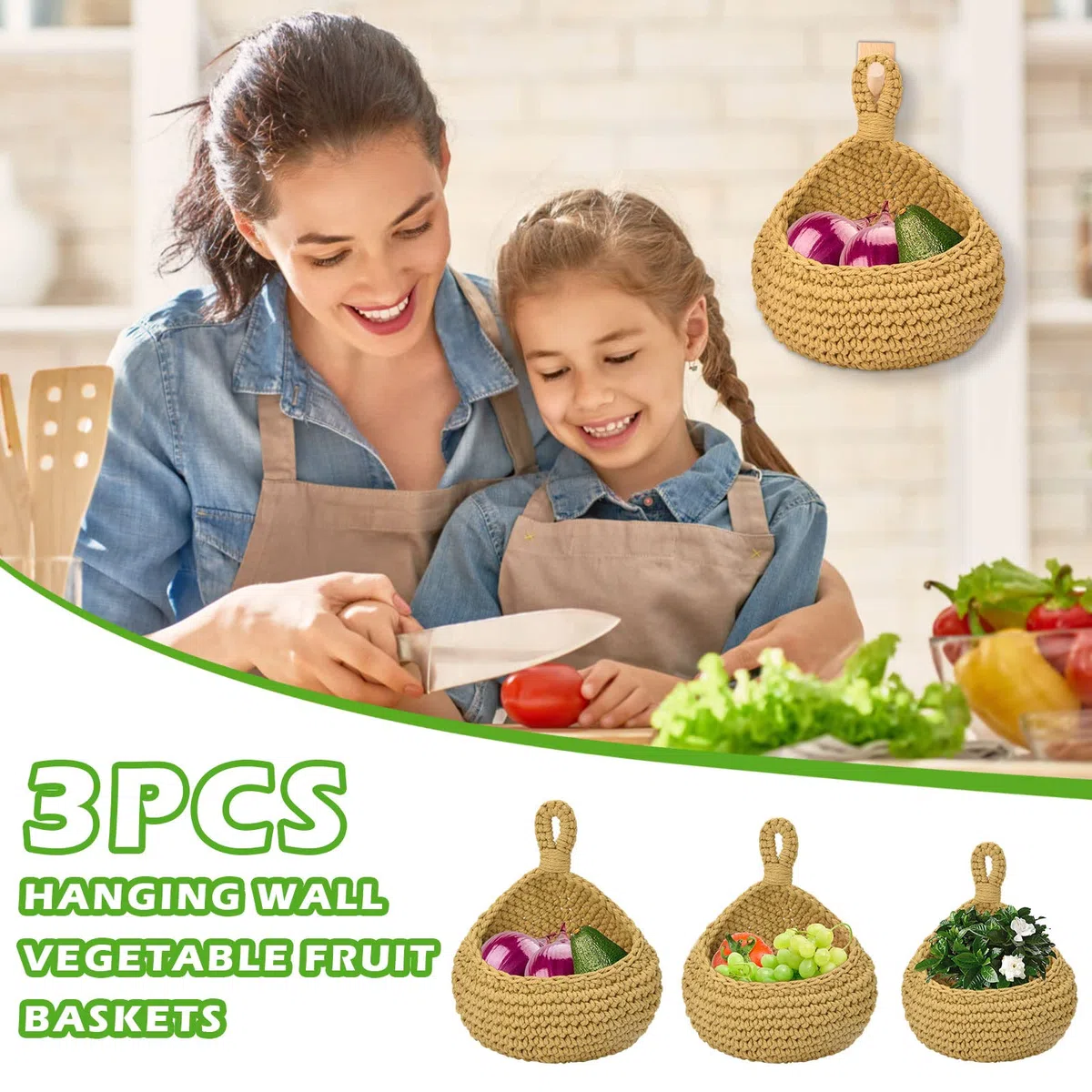 Cestini di Frutta da Appendere (Set di 3), Cestini da Appendere in Iuta, Cestini Portaoggetti da Appendere Intrecciati a Mano per Cucina Domestica Cesto Portaoggetti da Parete Frutta Verdura Snack