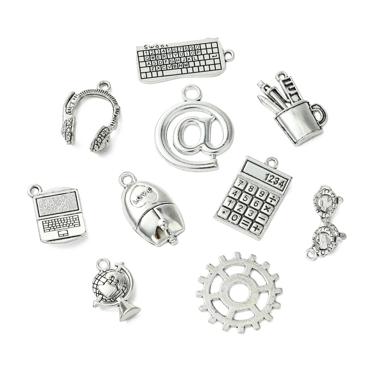 100 ciondoli in argento, 10 stili a tema ingegnere informatico, cuffie, tastiera, in stile tibetano, per bracciali, collane e gioielli fai da te