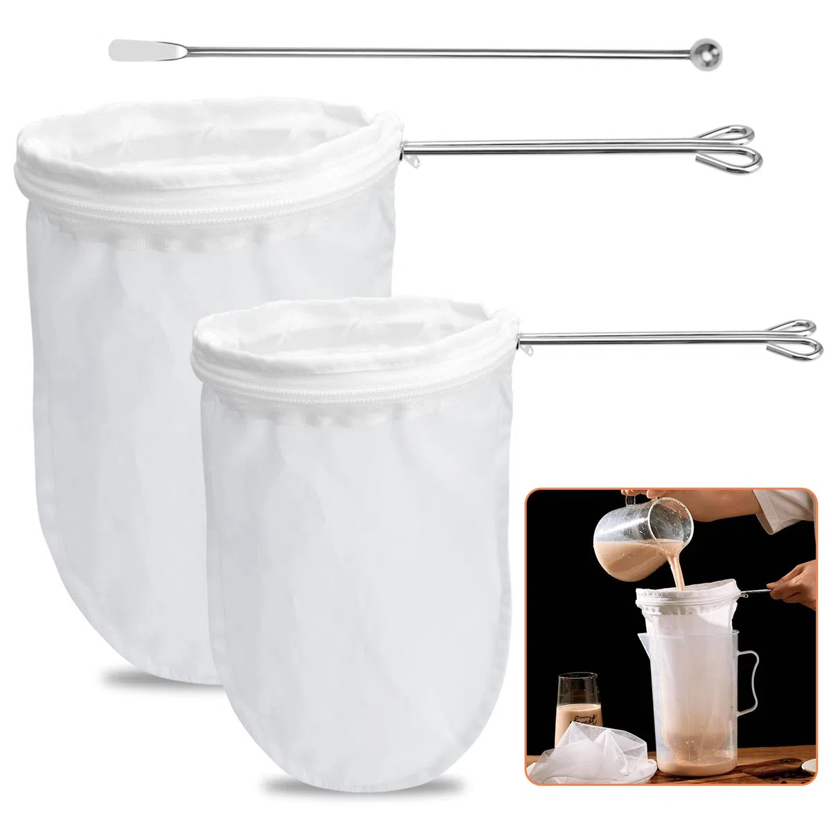 2 Pezzi Setaccio Filtro Alimentare, 14/20 cm Filtro per Alimenti, Riutilizzabile Sacchetto per Latte di Noce, Filtro Liquori per il filtraggio di succhi, latte, caffè, Vino Rosso, tè