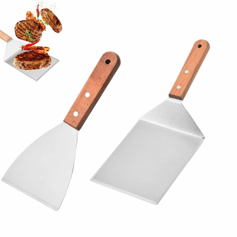 Spatola da Grill Professionale 2Pcs Acciaio Inox Manici Legno Pressa Hamburger Teppanyaki Barbecue Bistecca Pizza