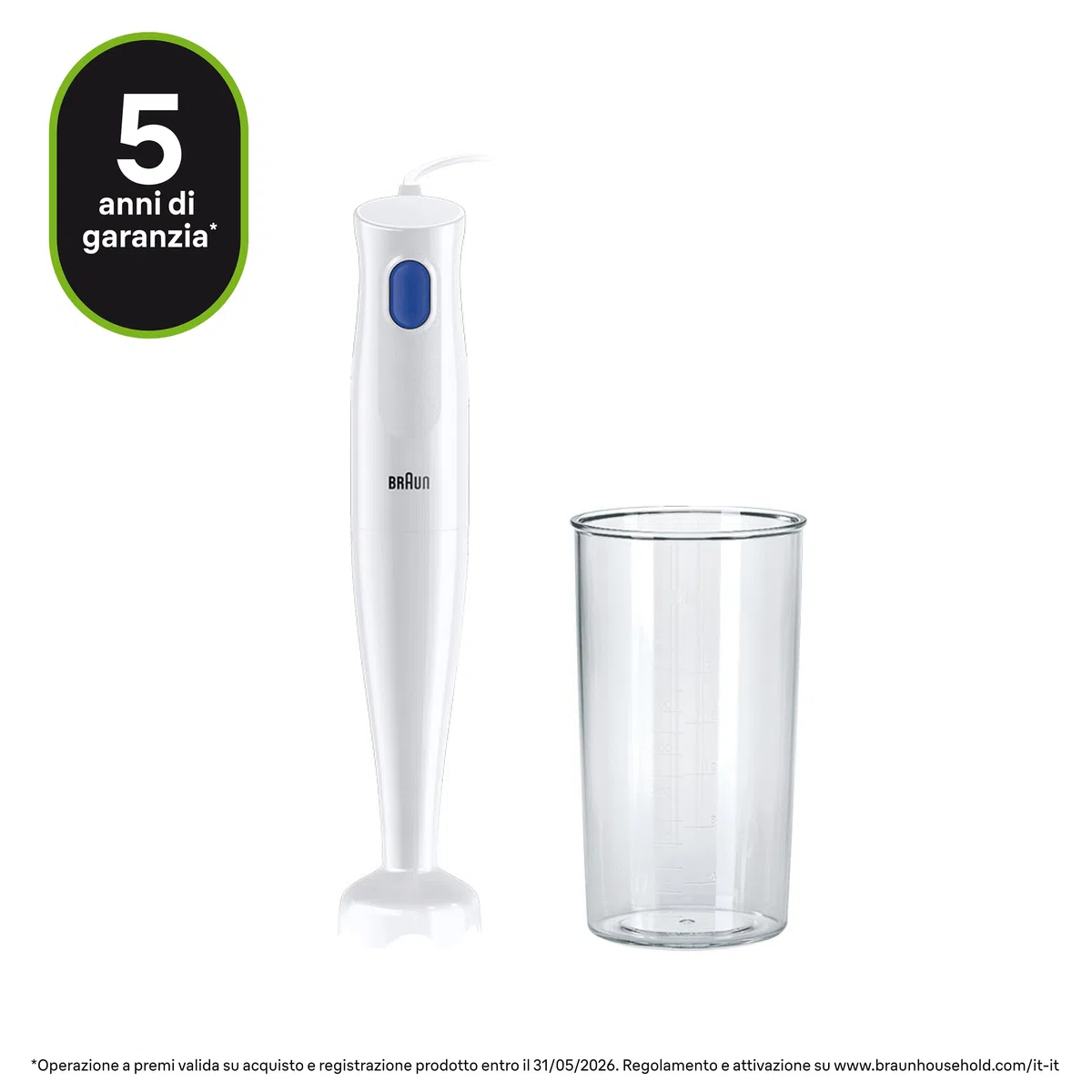 Braun Frullatore a Immersione MQ10.001PWH + Bicchiere graduato 600ml, 5 ANNI DI ASSISTENZA, Leggero, Sistema EasyTwist per cambiare facilmente accessorio, Tecnologia Splash Control niente schizzi