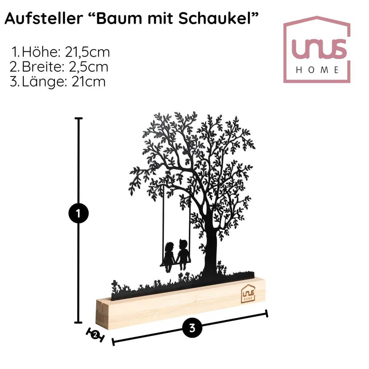 UNUS Supporto decorativo per albero, bambini sull'altalena, supporto in metallo nero con base in bambù, decorazione per davanzale, tavolo da pranzo, soggiorno, decorazione primaverile