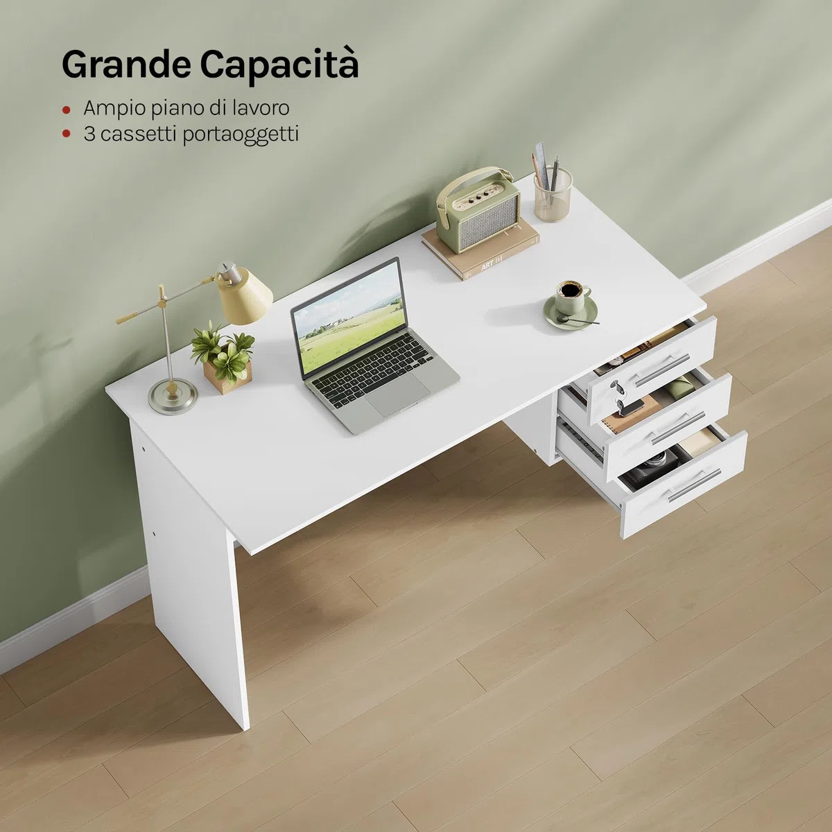 WOLTU Scrivania con 3 Cassetti, 120x60 cm, Bianco, Tavolo da Lavoro, Scrivania per Computer, Porta PC in Legno